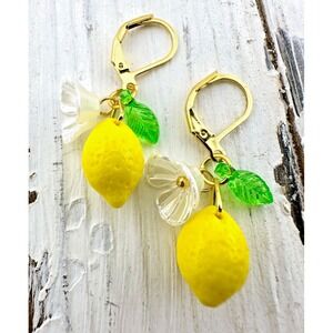 Lemon Charm Earrings with Lemon Blossom Flower Beads on Gold Tone Leverbacks